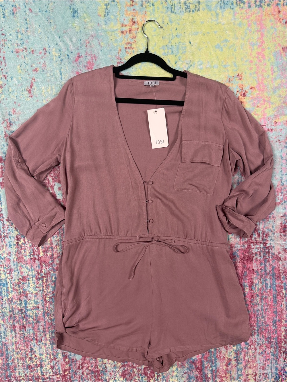 Tobi Mauve Drawstring V-Neck Long Sleeve Romper